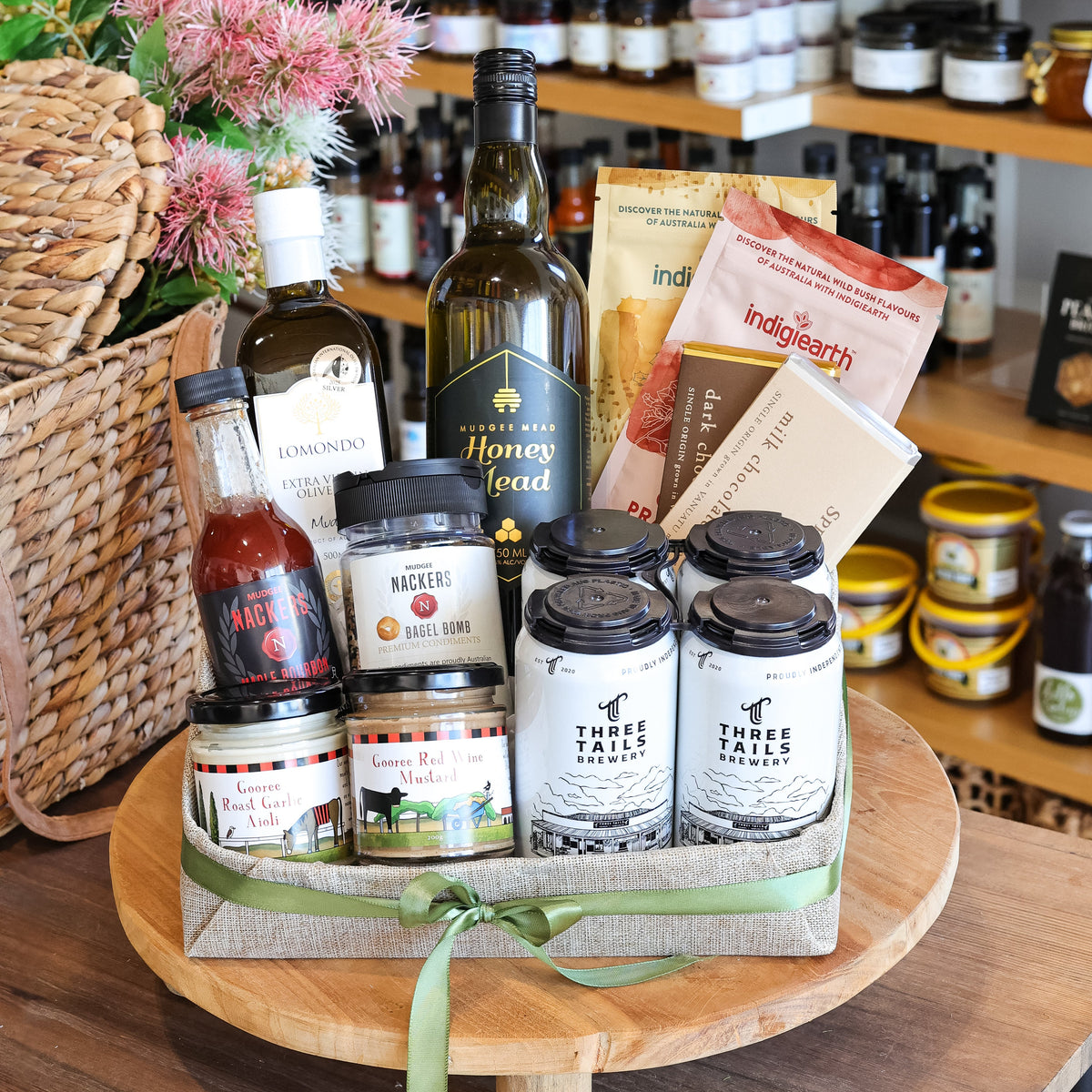 The quintessential hamper of
Mudgee Region goodness.

Wine that won’t be stored
away later and a range of complementing products.

All up a bundle of delicious
delights from just a few of our many local producers.

Recommended to be enjoyed
with good company for optimum enjoyment.